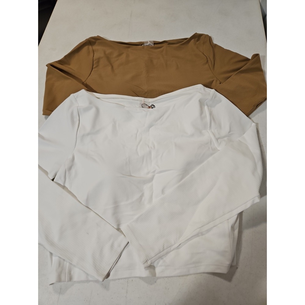 Calia Rib Long Sleeve Crop Tops XXL Built In Bra 1 White/1 Brown 2pc Bundle(622
